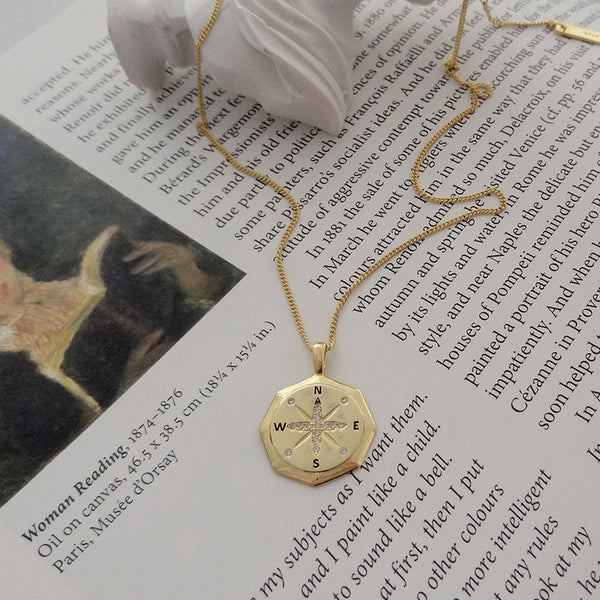 FX1055 925 Sterling Silver Vintage Compass Octagram Necklace