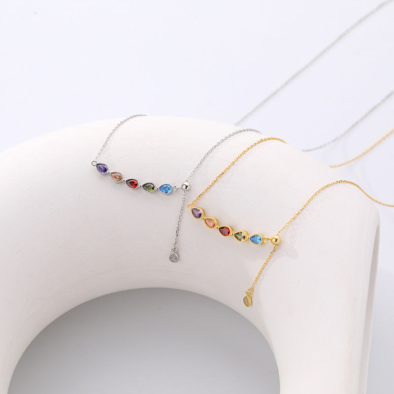 FX0994 925 Sterling Silver Horizontal Bar Smile Rainbow Zirconia Necklaces