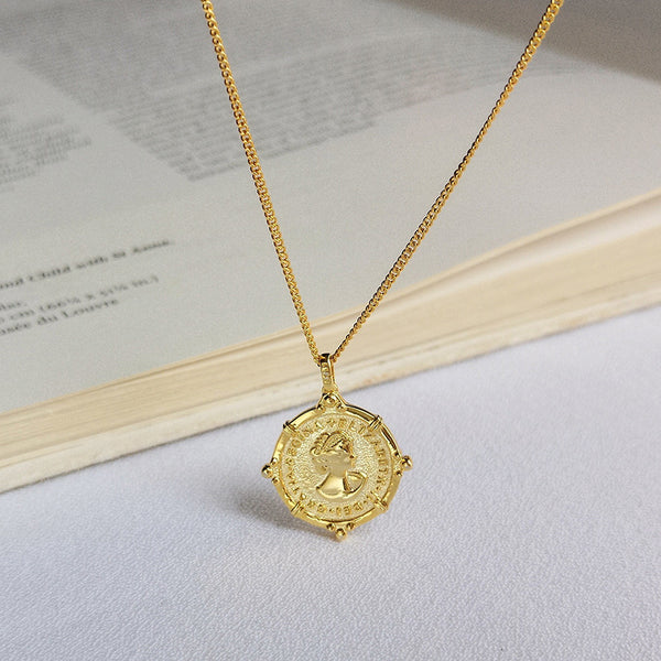 FX1039 925 Sterling Silver Empress Embossed Portrait Coin Pendant Necklace