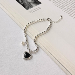 FS0324 925 Sterling Silver Heart Black Onyx Beaded Bracelet