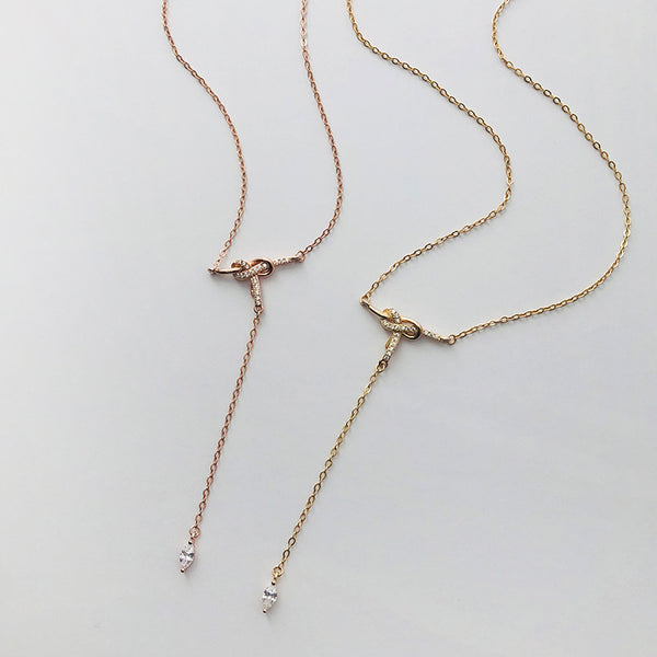 FX1047 925 Sterling Silver Cubic Zirconia Simple Tassel Bow Necklace