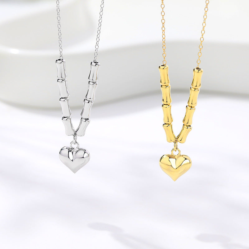 FX0963 925 Sterling Silver Plump Heart Pendant Bamboo Chain Clavicle Necklaces