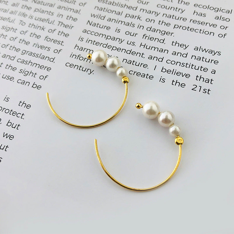 FE2495 925 Sterling Silver Geometric Circle Pearl Hoop Earrings