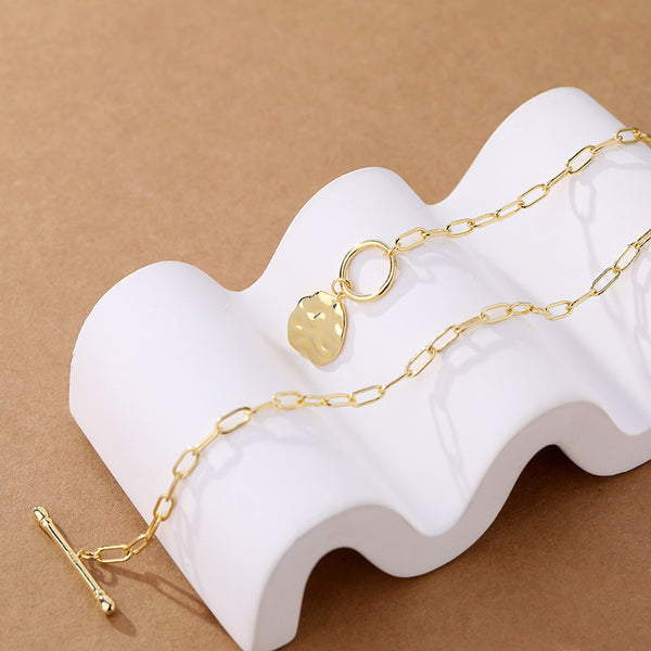 FX0968 925 Sterling Silver Hammered Coin Tohggle Pnedant Necklacs