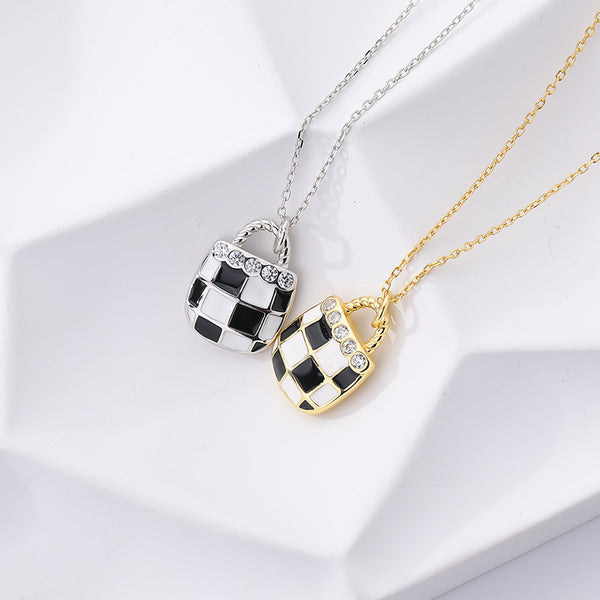 FX1089 925 Sterling Silver Black White  Enamel Checkerboard Necklace