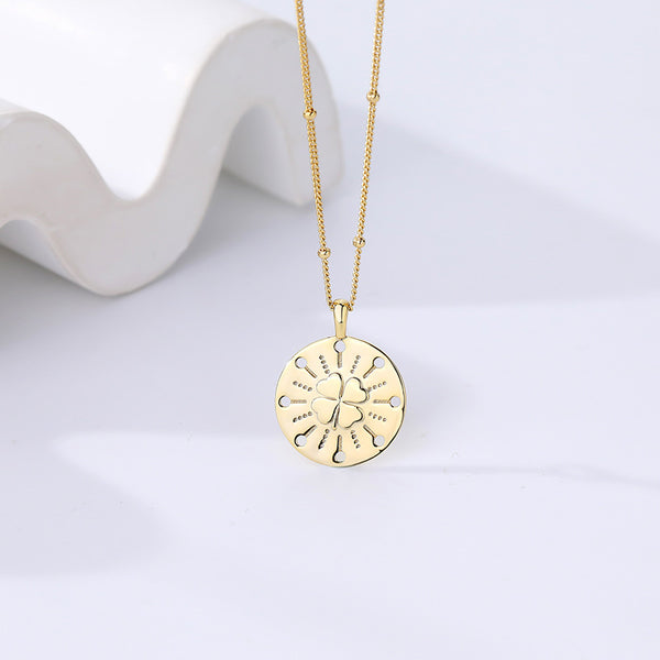 FX0989 925 Sterling Silver Four Leaf Clover Coin Pendant Necklaces