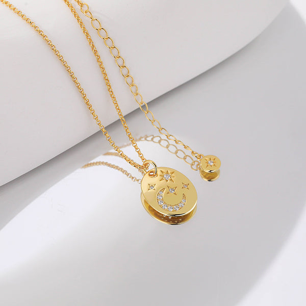 FX1135 925 Sterling Silver Interstellar Crescent Moon Star Coin Pendant Necklace