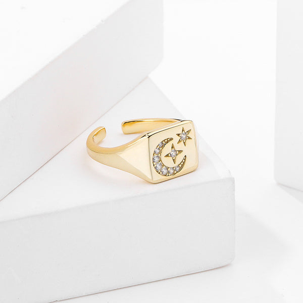 FJ0891 925 Sterling Silver Moon Star Signet Ring
