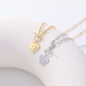 FX1092 925 Sterling Silver Zircon Crescent Moon Heart Toggle Necklace