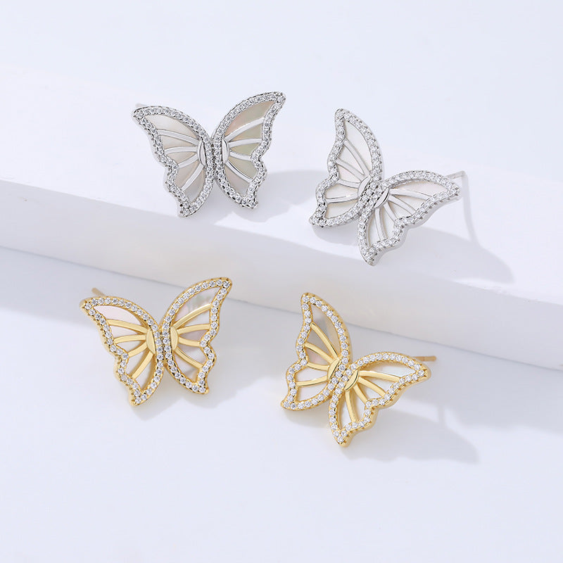 FE2688 925 Sterling Silver White Shell Butterfly Stud Earrings