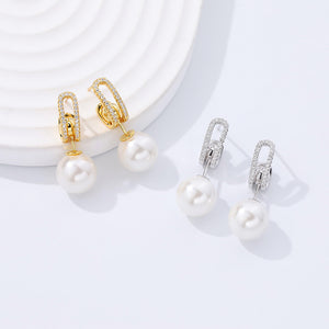 FE2701 925 Sterling Silver Elegant Zircon Shell Pearl Dangle Stud Earrings