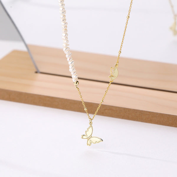 FX1126 925 Sterling Silver Shell Pearl Butterfly Pendant Necklace