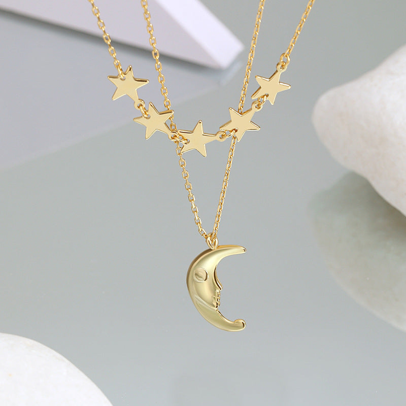 FX1155 925 Sterling Silver Layer Star and Crescent Moon Necklace