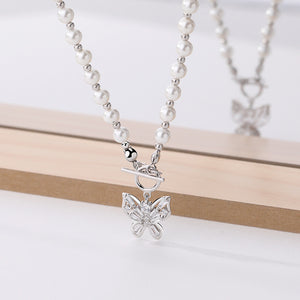 FX1127 925 Sterling Silver CZ Pearl Butterfly Toggle Pendant Necklace