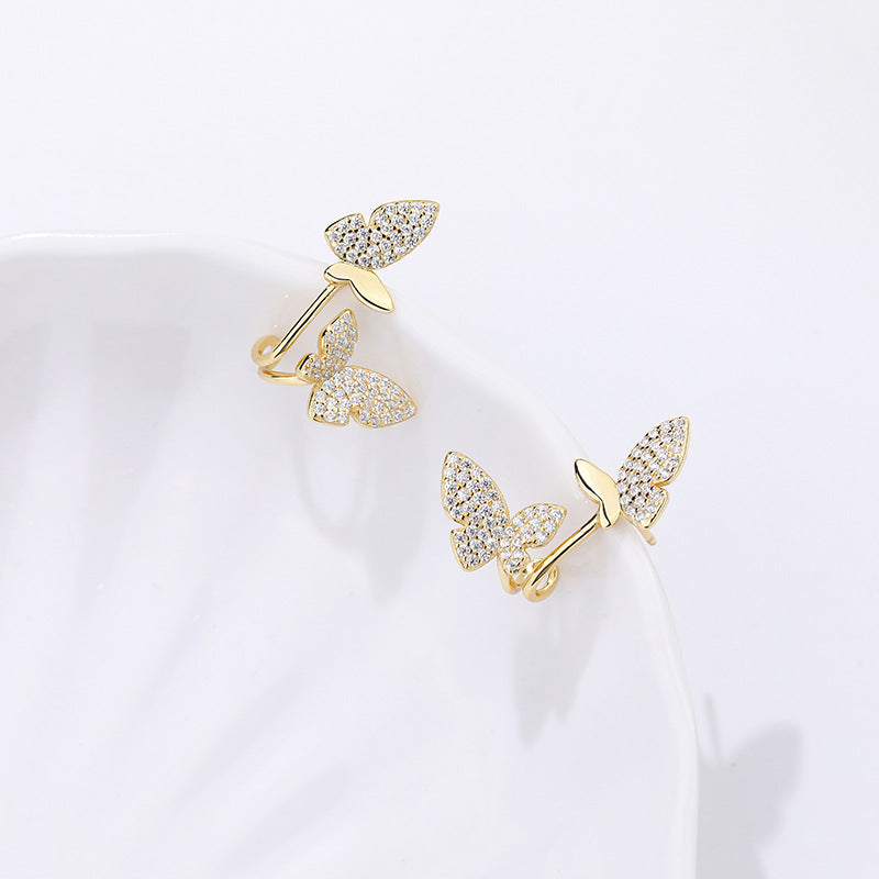 FE2707 925 Sterling Silver Cubic Zirconia Double Butterfly Stud Earrings