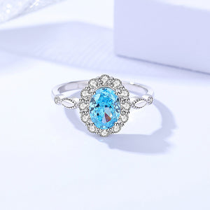 FJ1040 925 Sterling Silver Oval Flower Blue Zirconia Ring