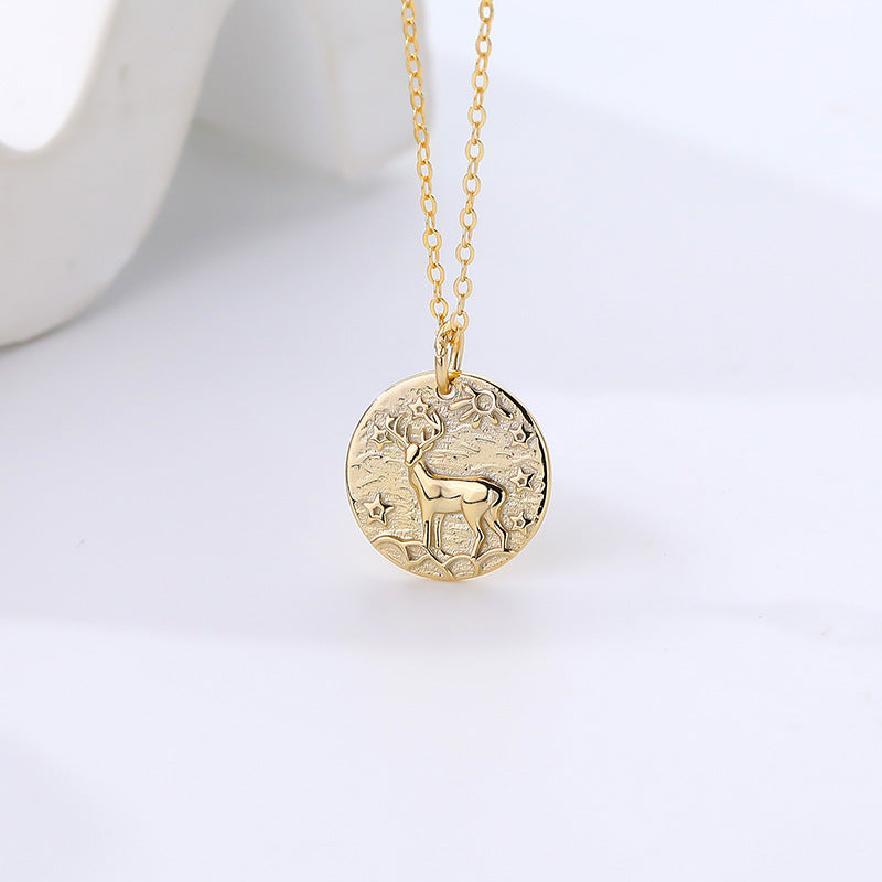 FX1103 925 Sterling Silver Texture Coin Engraving Elk Pendant Necklace