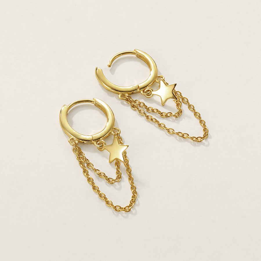 FE2340 925 Sterling Silver Star Double Chain Hoop Earrings