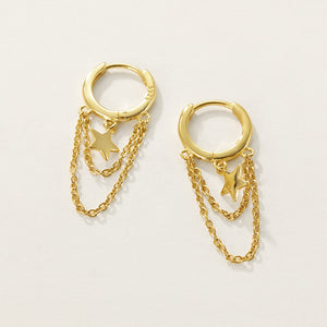 FE2340 925 Sterling Silver Star Double Chain Hoop Earrings