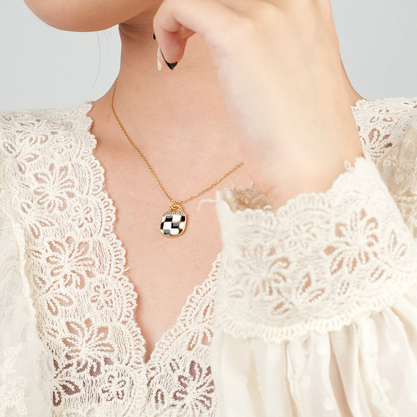 FX1089 925 Sterling Silver Black White  Enamel Checkerboard Necklace