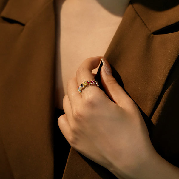 FJ1075 925 Sterling Silver Colorful Baguette Stacked Zirconia Ring