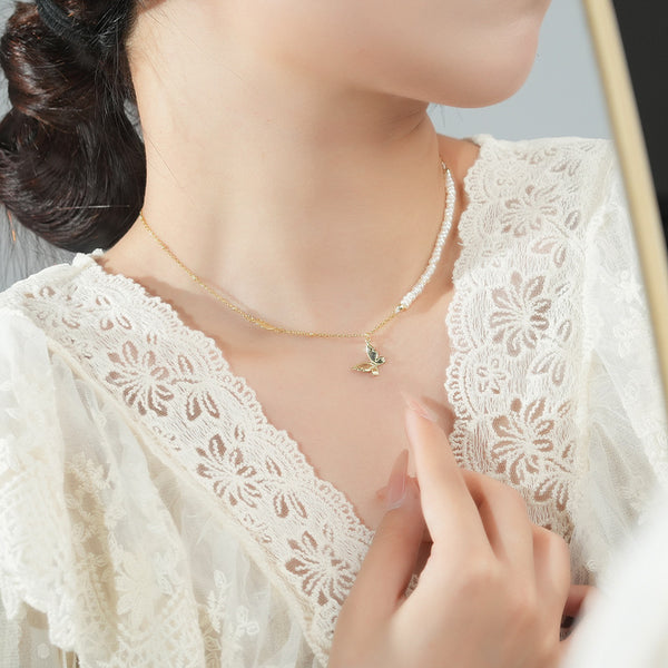 FX1126 925 Sterling Silver Shell Pearl Butterfly Pendant Necklace