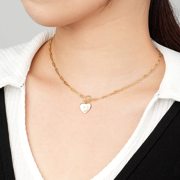 FX1092 925 Sterling Silver Zircon Crescent Moon Heart Toggle Necklace