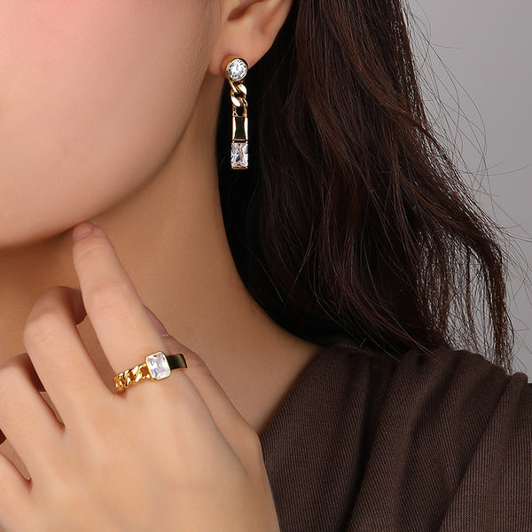 FE2632 925 Sterliang Silver Chain Square Zircon Dangle Stud Earring