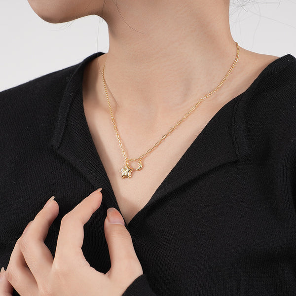 FX1066 925 Sterling Silver Zircon Star Crescent Moon Pendant Necklace