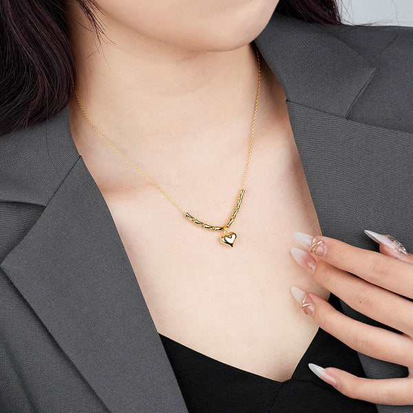 FX0963 925 Sterling Silver Plump Heart Pendant Bamboo Chain Clavicle Necklaces