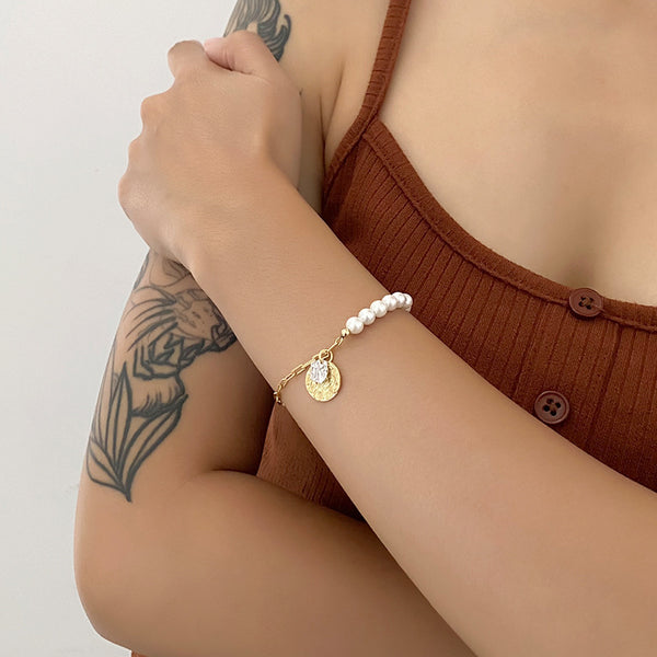 FS0341 925 Sterling Silver Asymmetric Figure Coin Shell Pearl Bracelet