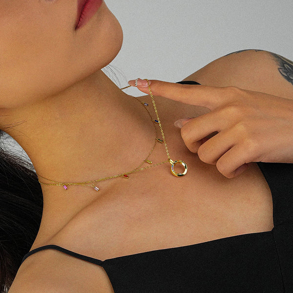 FX1003 925 Sterling Silver Circle Colorful Zircon Pendant Necklaces