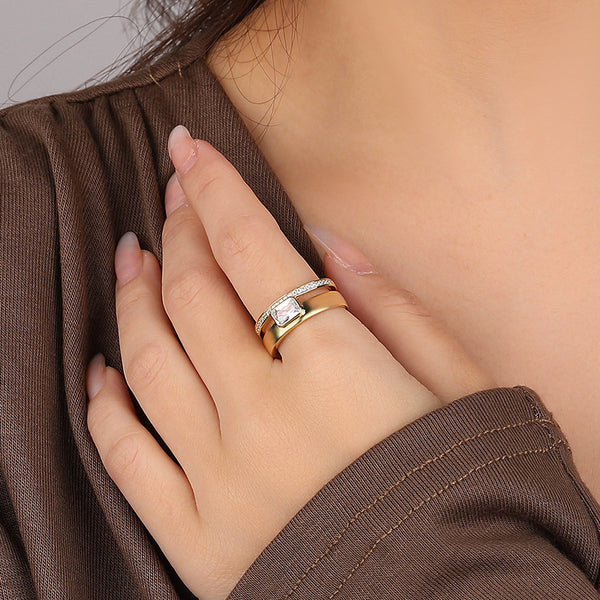 FJ0955 925 Sterling Silver Crystal Double Ring