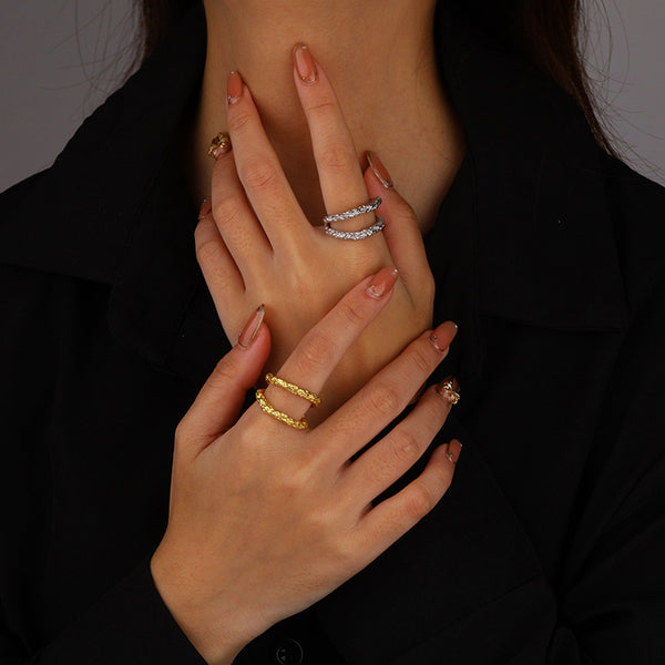 FJ0973 925 Sterling Silver Hammered Double Ring