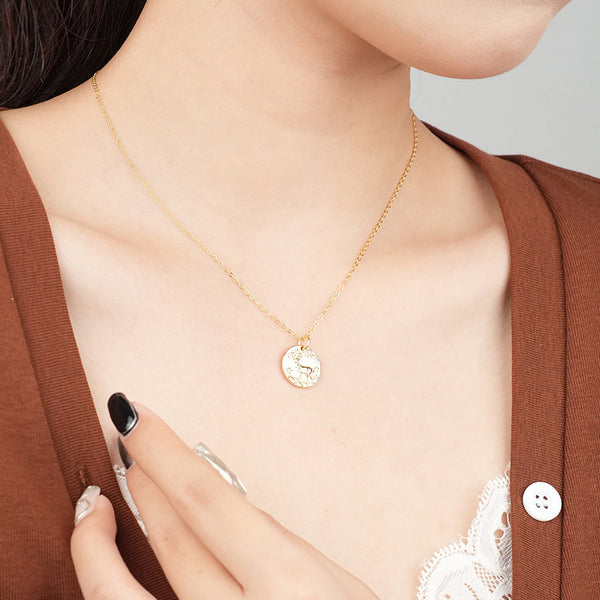 FX1103 925 Sterling Silver Texture Coin Engraving Elk Pendant Necklace