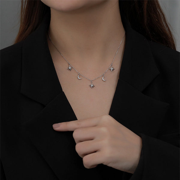 FX1160 925 Sterling Silver Star and Crescent Moon Charms Pendant Necklace