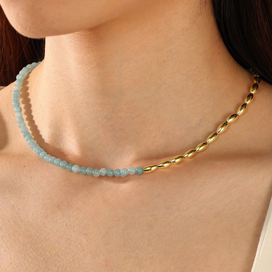 PN0092 925 Sterling Silver Aquamarine Gold Bead Necklace