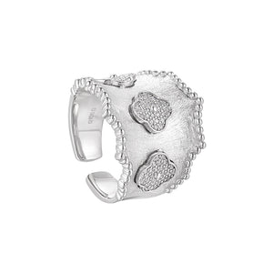 RHJ1201 925 Sterling Silver Beaded Edge Frosted Four-leaf Clover With Zircon Open Ring