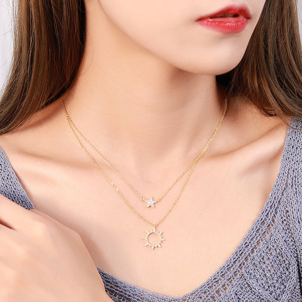 FX1173 925 Sterling Silver Full Cubic Zirconia Sun and Star Pendant Necklace