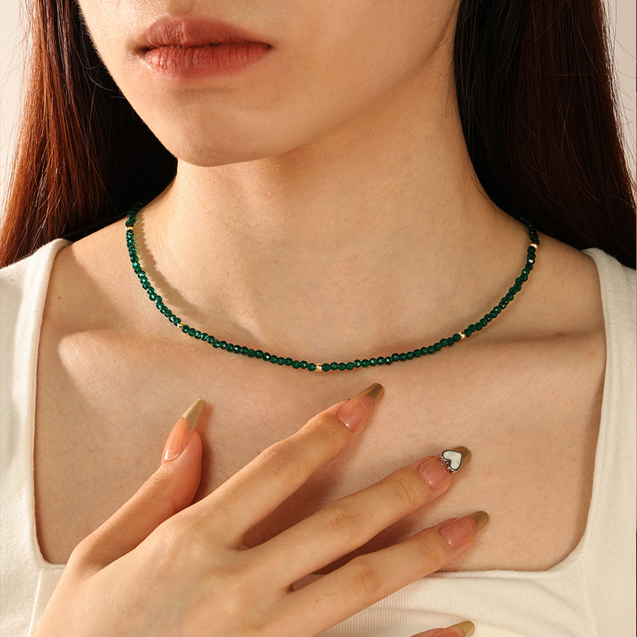 PN0086 925 Sterling Silver Vintage Green Crystal Bead Necklace