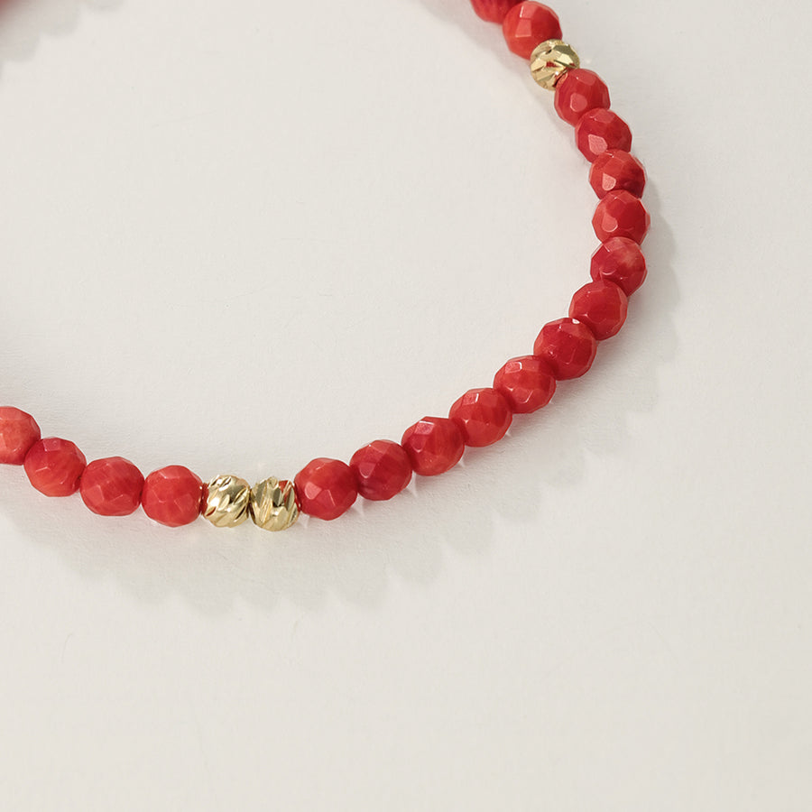 PB0050 925 Sterling Silver Cut Red Coral Gold Beaded Bracelet