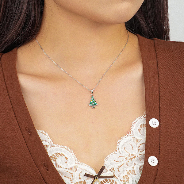 FX1013 925 Sterling Silver Pave Cubic Zirconia Christmas Tree Pendant Necklaces