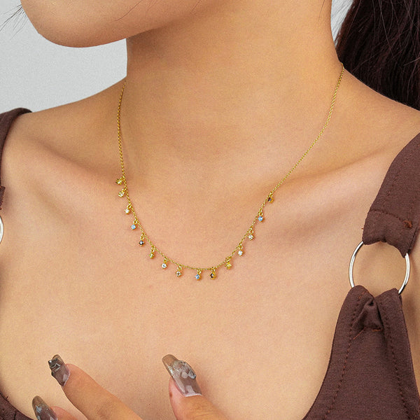 FX1009 925 Sterling Silver Rainbow Cubic Zirconia Tassel Clavicle Necklaces