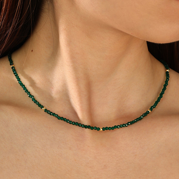 PN0086 925 Sterling Silver Vintage Green Crystal Bead Necklace