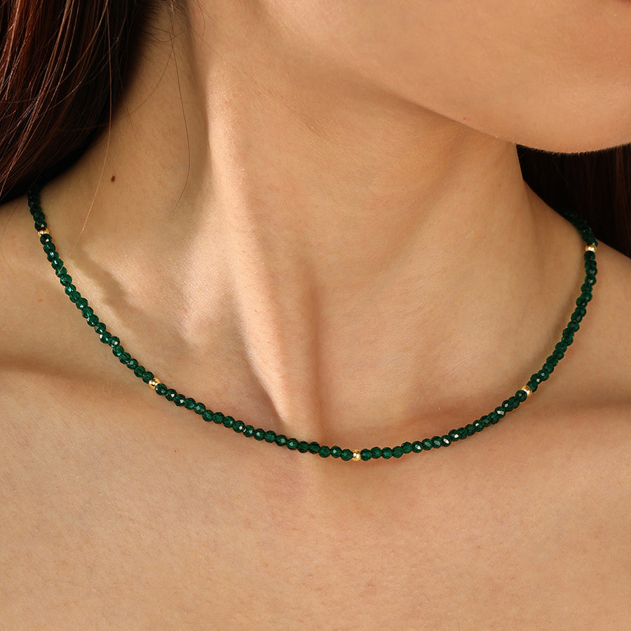 PN0086 925 Sterling Silver Vintage Green Crystal Bead Necklace
