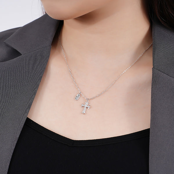 FX1069 925 Sterling Silver Zircon Cross Necklace