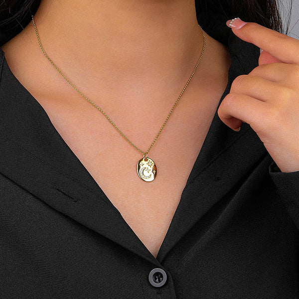 FX1135 925 Sterling Silver Interstellar Crescent Moon Star Coin Pendant Necklace