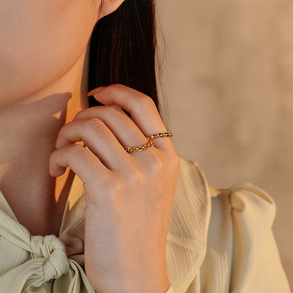 FJ1079 925 Sterling Silver Gold Bead Adjustable Chain Ring