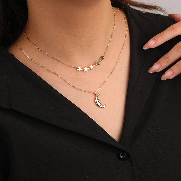 FX1155 925 Sterling Silver Layer Star and Crescent Moon Necklace