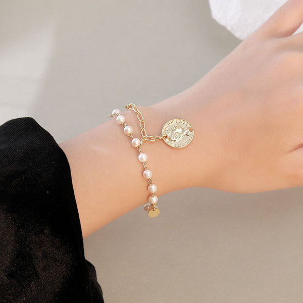 FS0332 925 Sterling Silver Asymmetric Portrait Medal Chunky Shell Pearl Bracelet